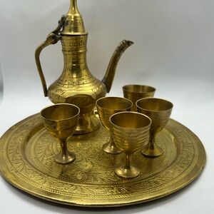 Vintage Old Middle Eastern Gold Brass Tea Set with Tray